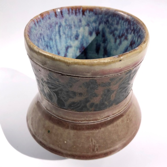 handmade pottery vase raku vessel leaves brown black blue drip 4 inches tall - Picture 9 of 16